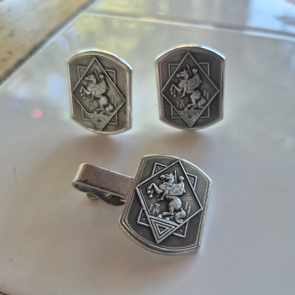 Vintage Silver Swank Midieval Cufflinks and Tie Clip Set